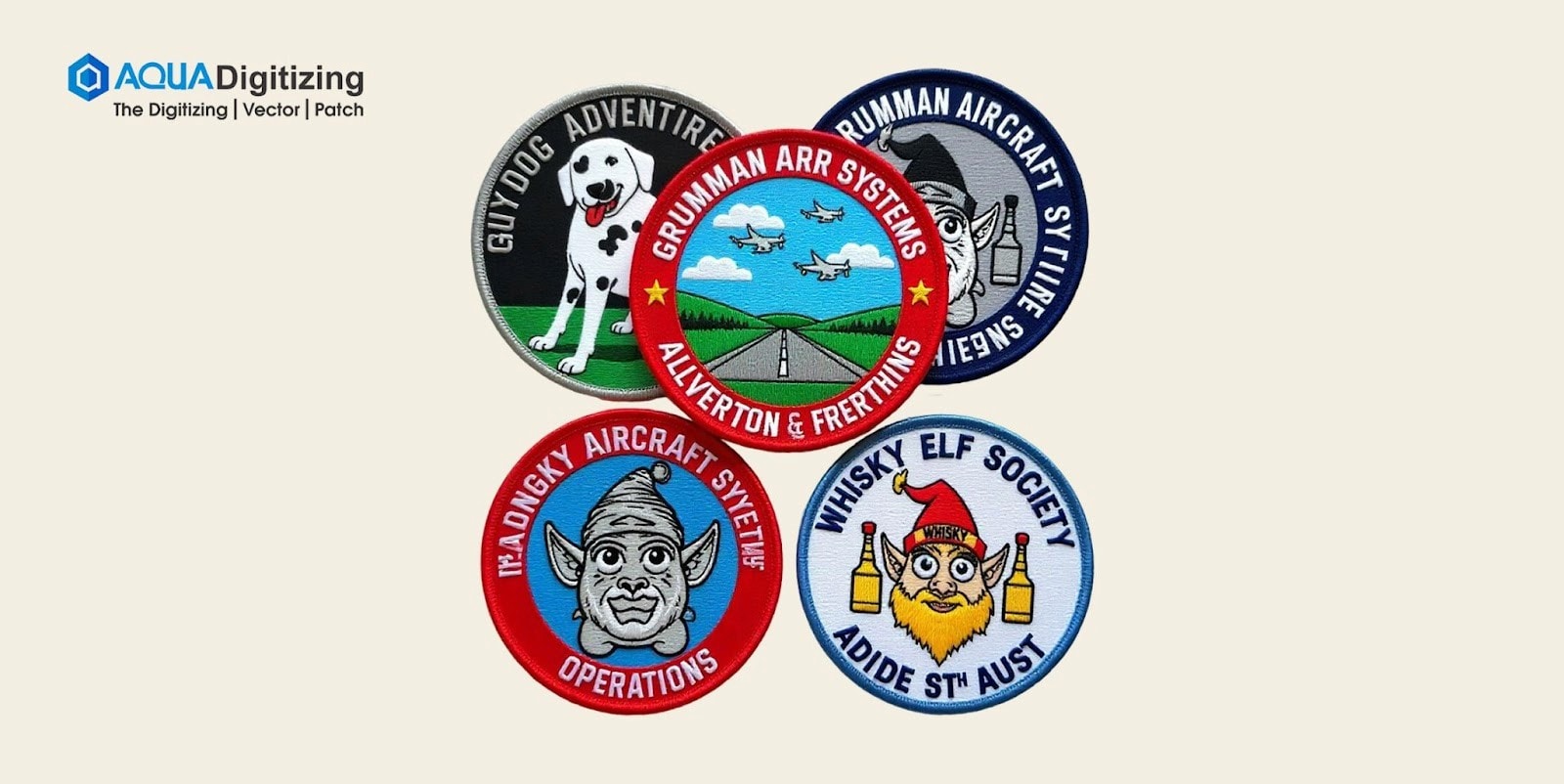 Five colorful custom embroidered patches showcasing Aqua Digitizing’s design and stitching capabilities.