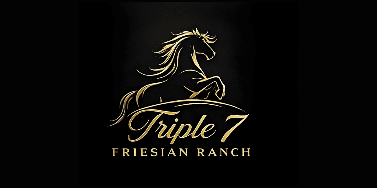 The Triple 7 Friesian Ranch logo features a golden Friesian horse in motion, symbolizing elegance and excellence in breeding.