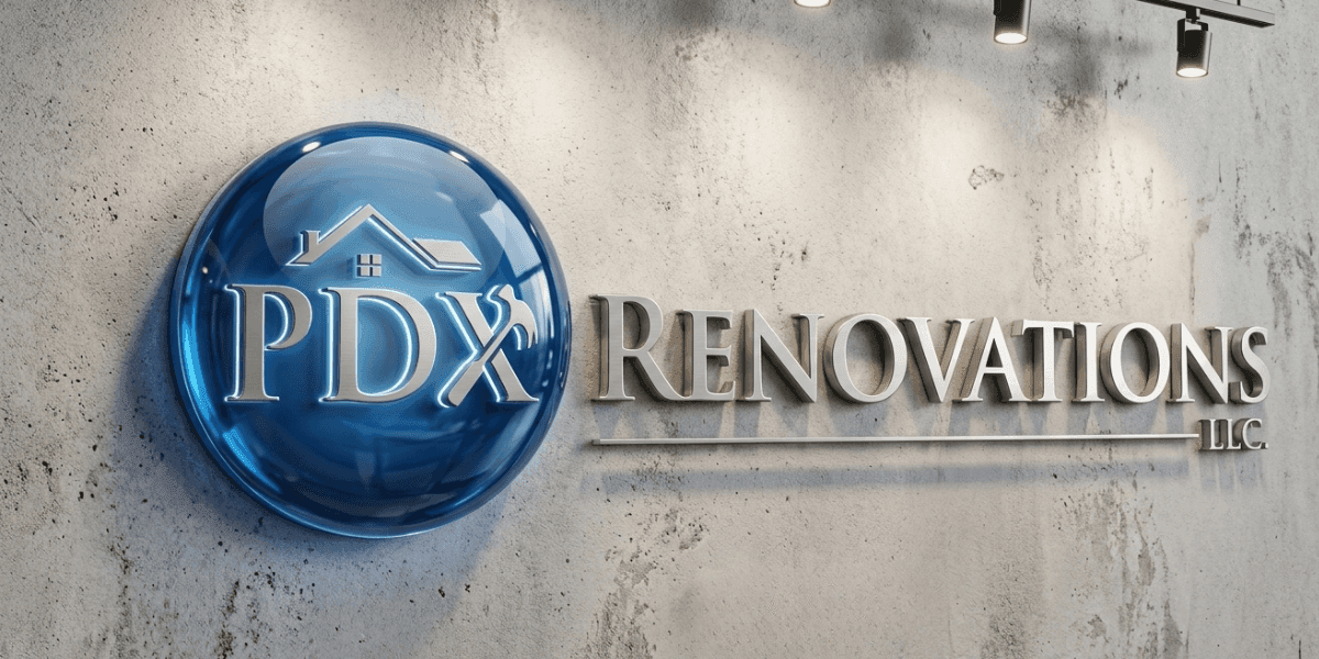 3D logo of "PDX Renovations LLC" on a textured concrete wall. The "PDX" is inside a glossy blue circle with a house icon, conveying modernity and professionalism.