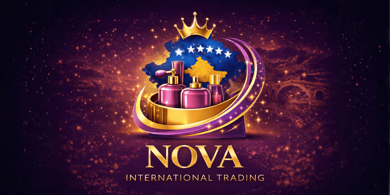 NOVA International Trading logo with a crown and beauty bottles, representing the company's global leadership in beauty distribution and innovation.