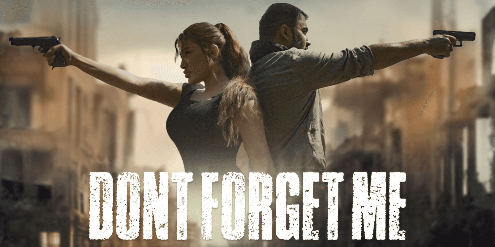 Two armed individuals, a man and a woman, standing back-to-back in a post-apocalyptic cityscape, symbolizing strength and resilience.