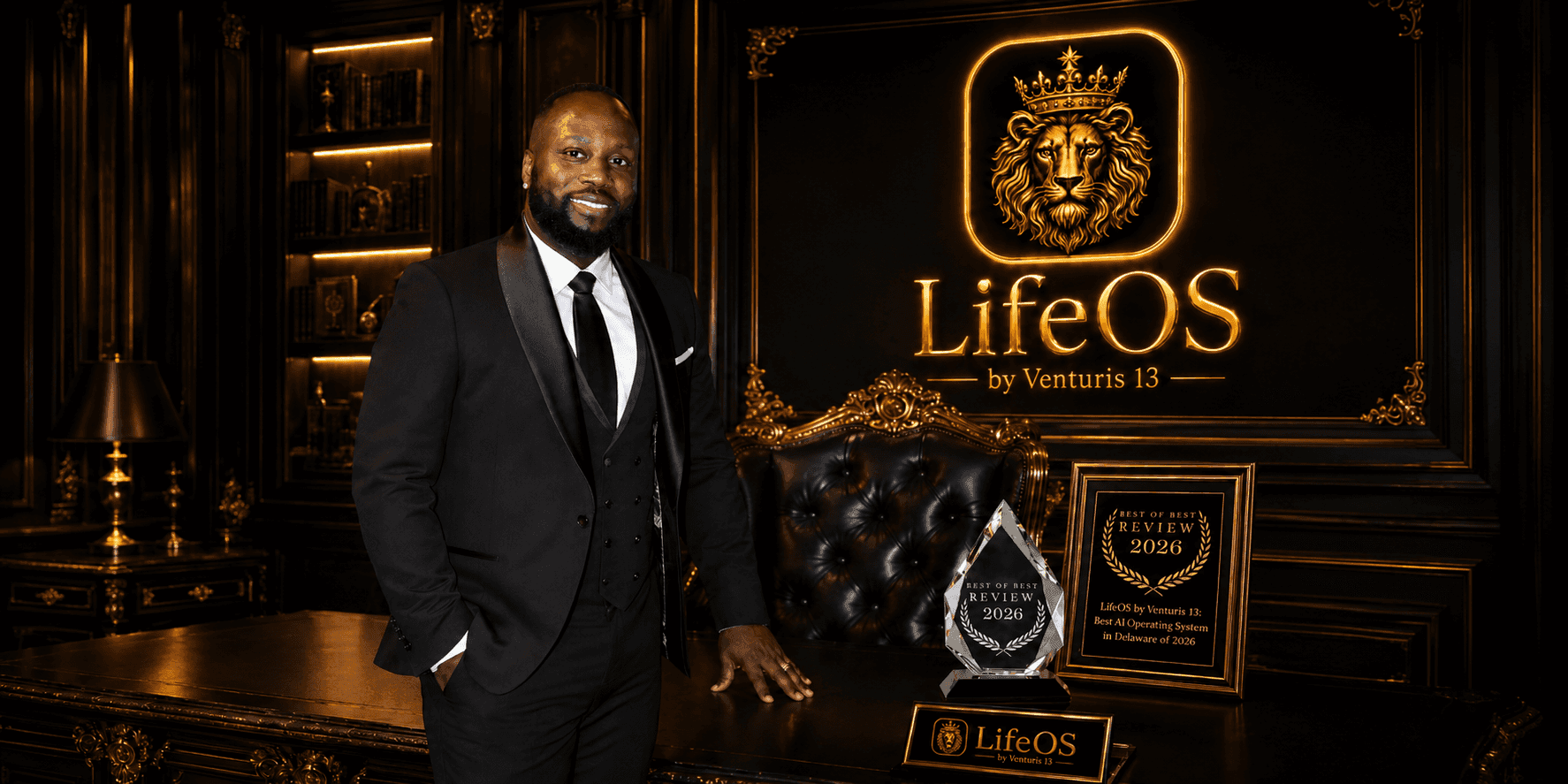 Executive beside LifeOS by Venturis 13 branding, a 2026 award plaque, and crystal award.