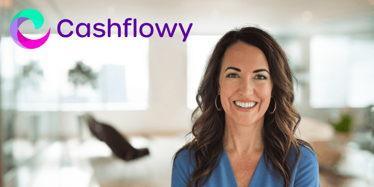 "Smiling woman in a professional blue outfit with the Cashflowy logo in the background, representing financial technology services."