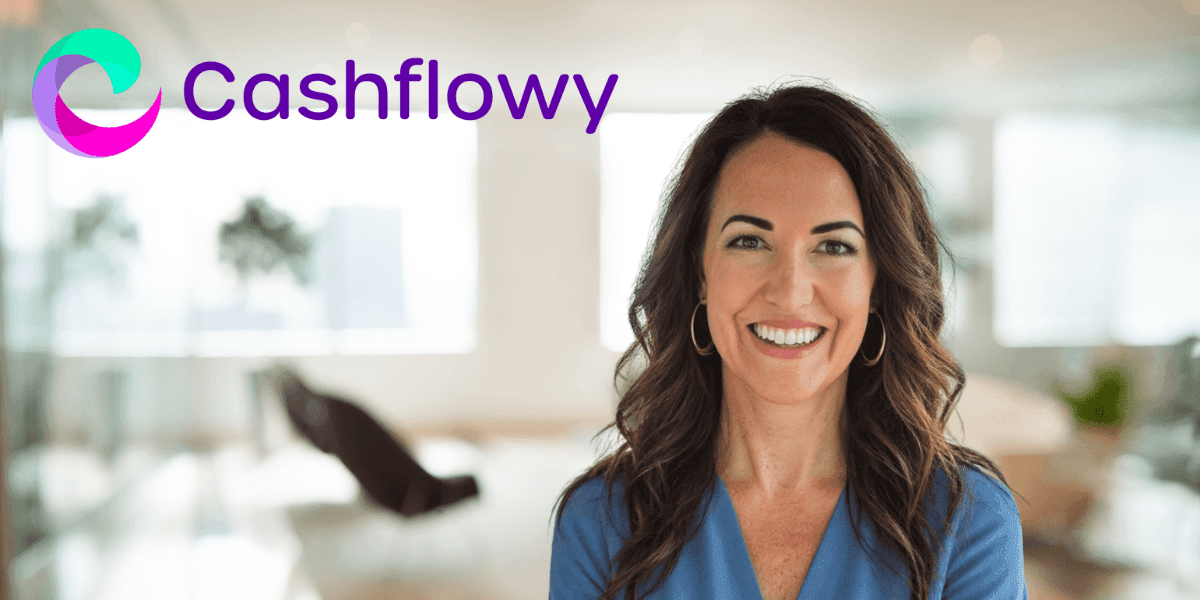 "Smiling woman in a professional blue outfit with the Cashflowy logo in the background, representing financial technology services."