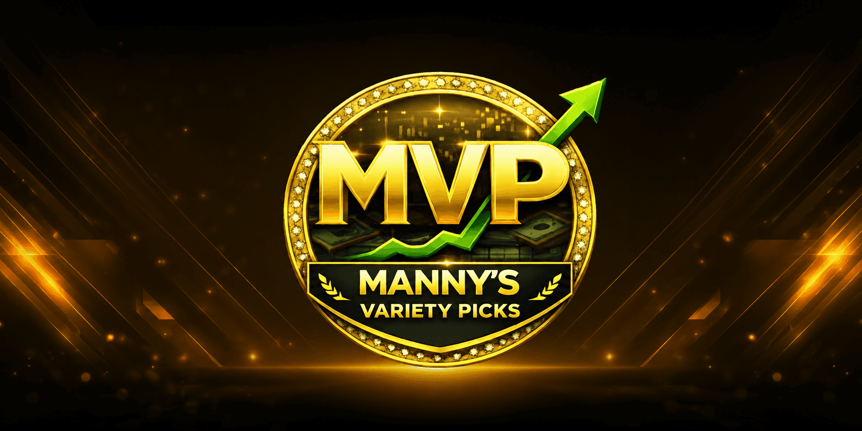 Manny’s Variety Picks MVP logo with a green upward arrow and gold emblem on a dark background.