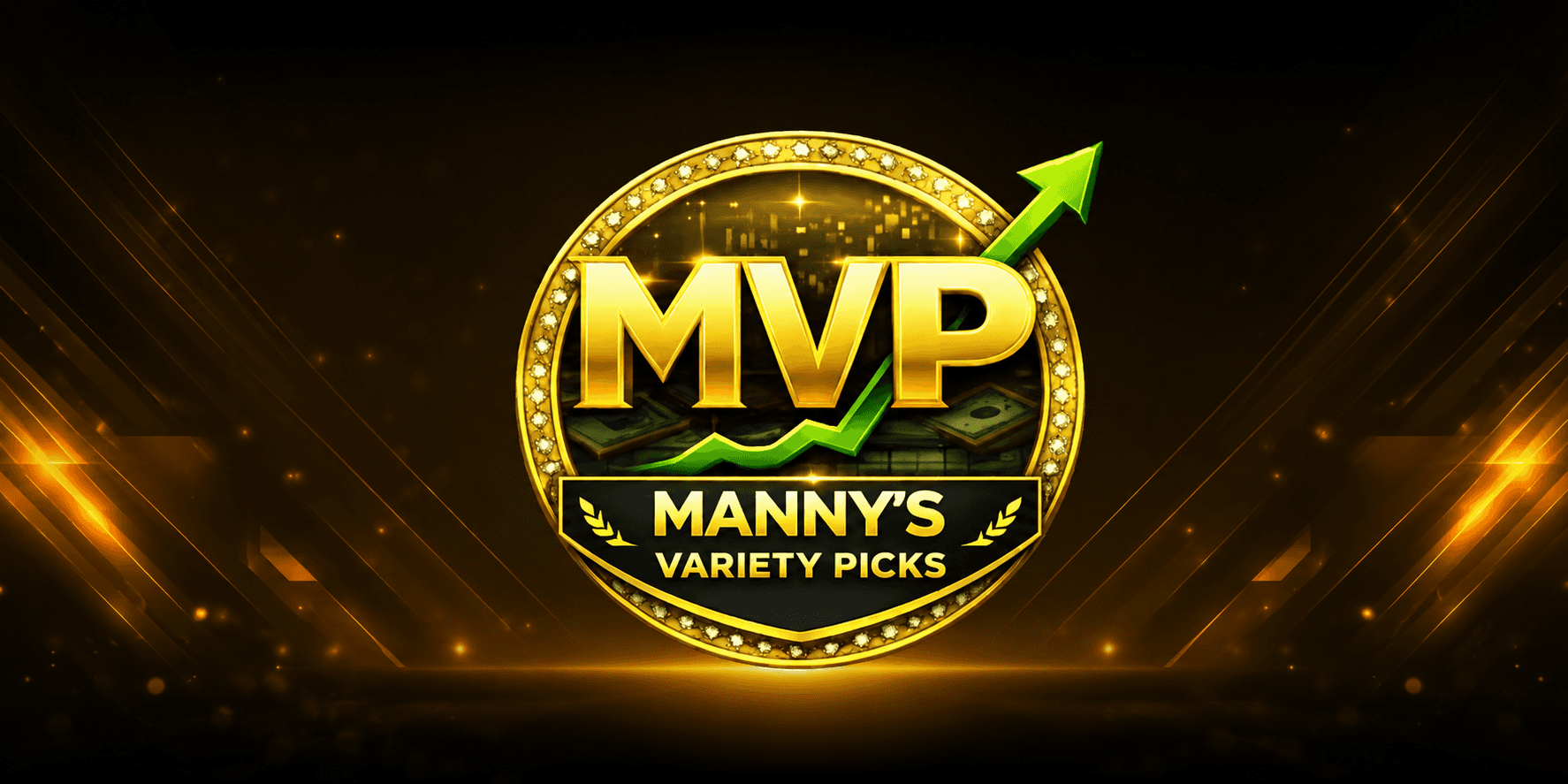 Manny’s Variety Picks MVP logo with a green upward arrow and gold emblem on a dark background.