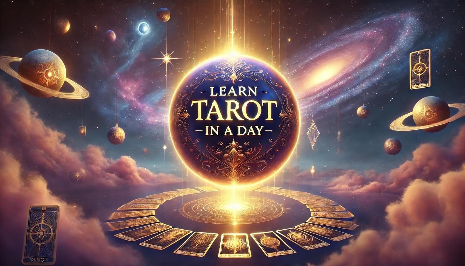 Golden glowing tarot cards orbit in space with planets and galaxies, surrounding text reading “Learn Tarot in a Day.”