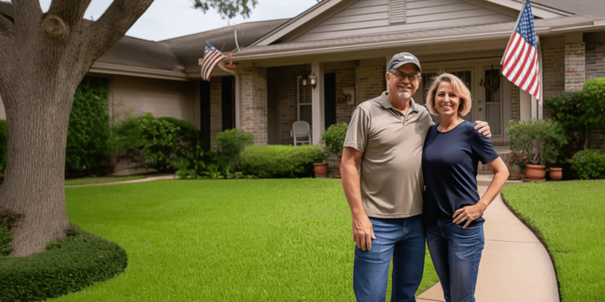 A couple standing in front of their home, smiling, with American flags hanging from the porch in Irving, Texas.
