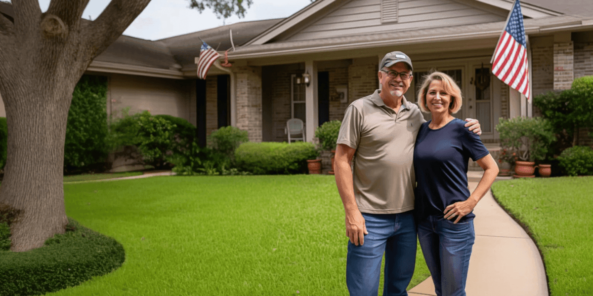 A couple standing in front of their home, smiling, with American flags hanging from the porch in Irving, Texas.