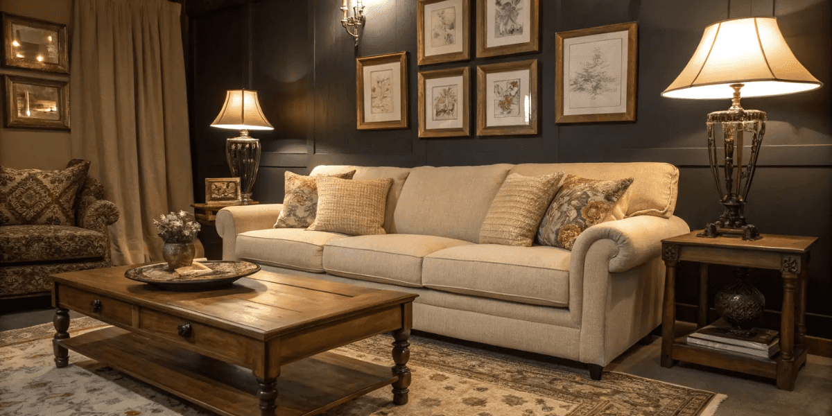 "Cozy living room with a beige sofa adorned with decorative pillows, a wooden coffee table with a decorative tray and plant, framed artwork on the walls, and stylish lamps illuminating the space, creating a warm and inviting atmosphere."