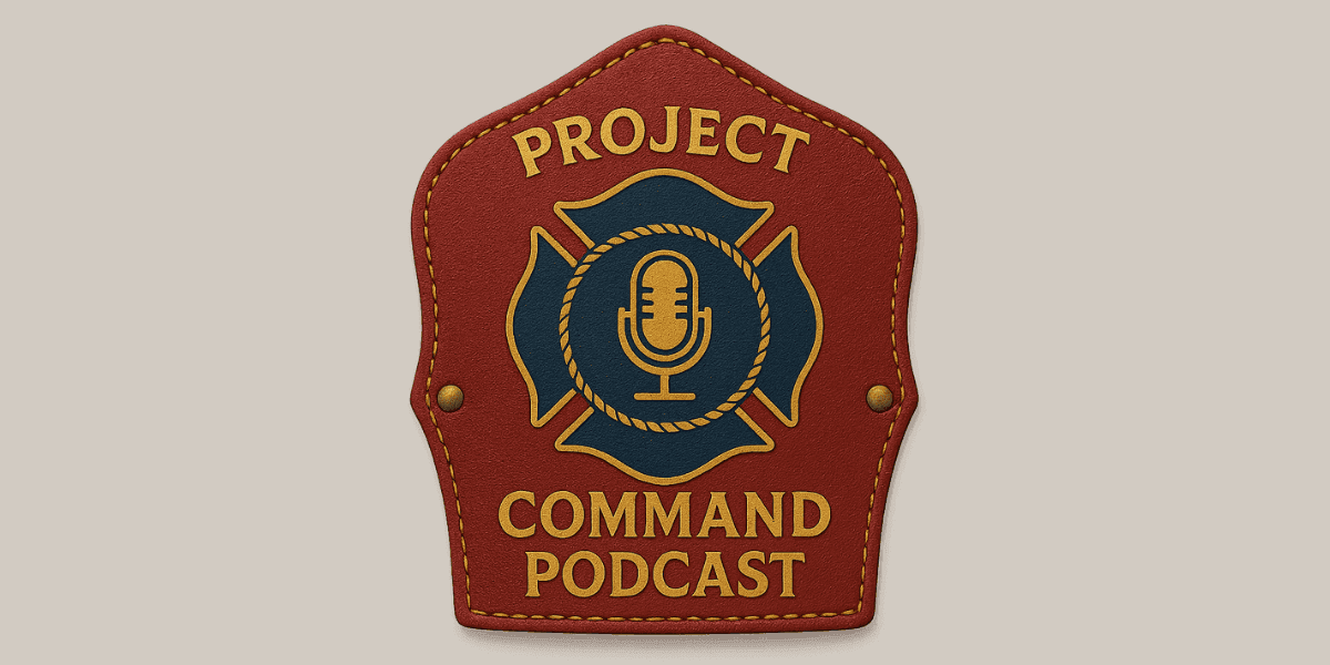 Leather-style “Project Command Podcast” logo with microphone emblem and firefighter maltese cross design.