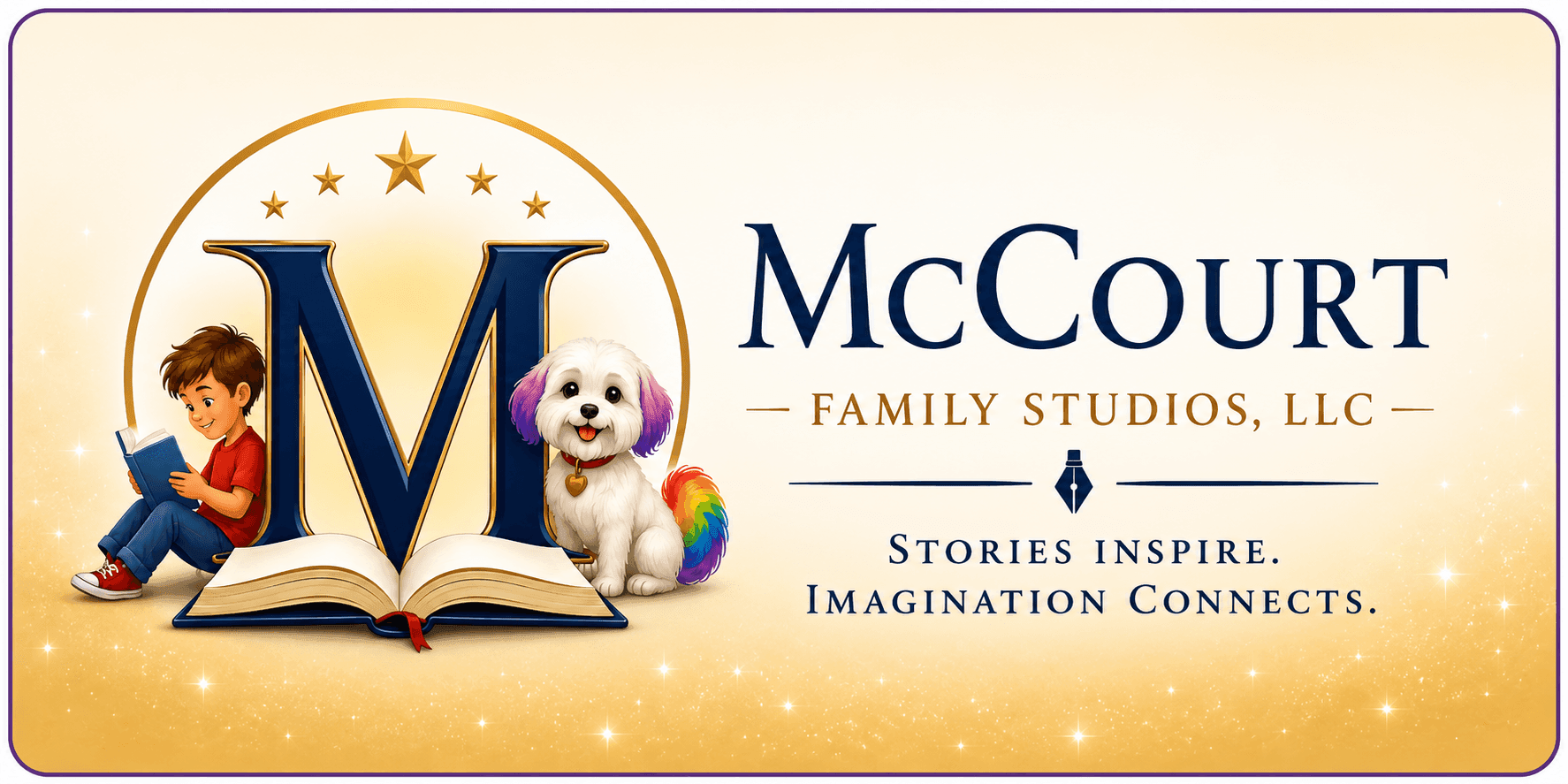 McCourt Family Studios logo featuring a child reading, a colorful dog, and an open book.