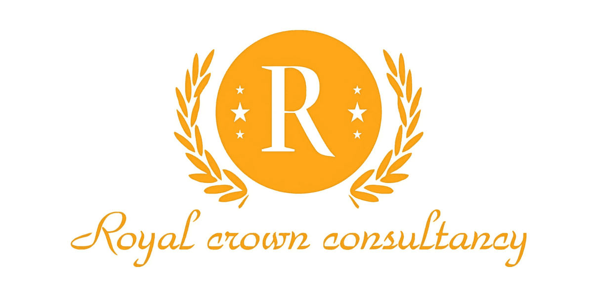 Royal Crown Consultancy logo featuring a golden 'R' with stars and laurels around it.