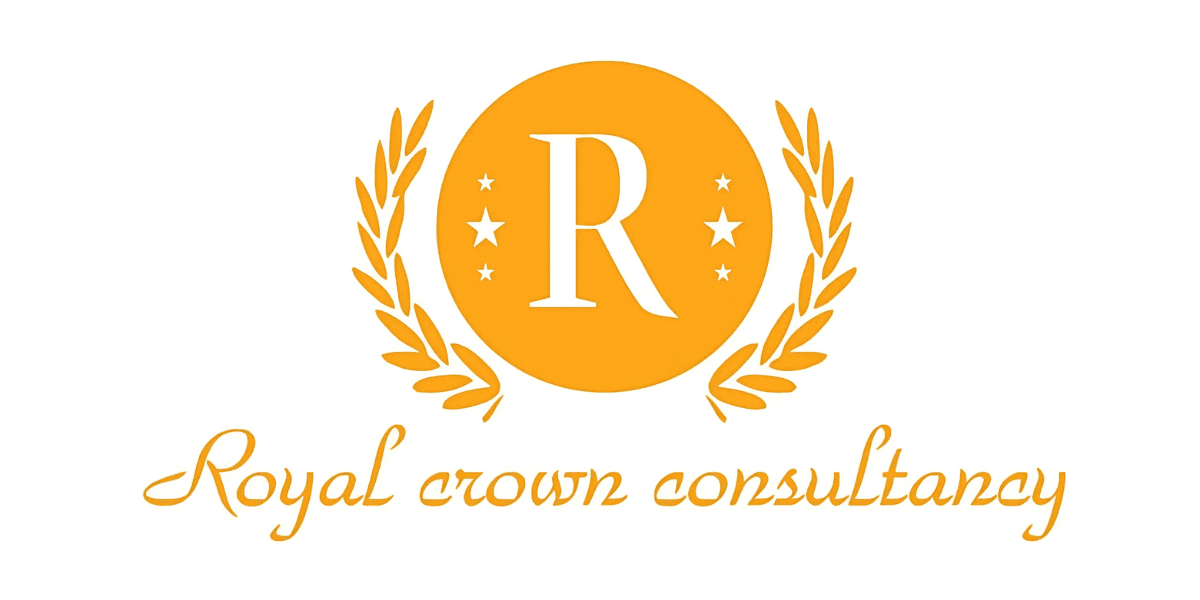 Royal Crown Consultancy logo featuring a golden 'R' with stars and laurels around it.