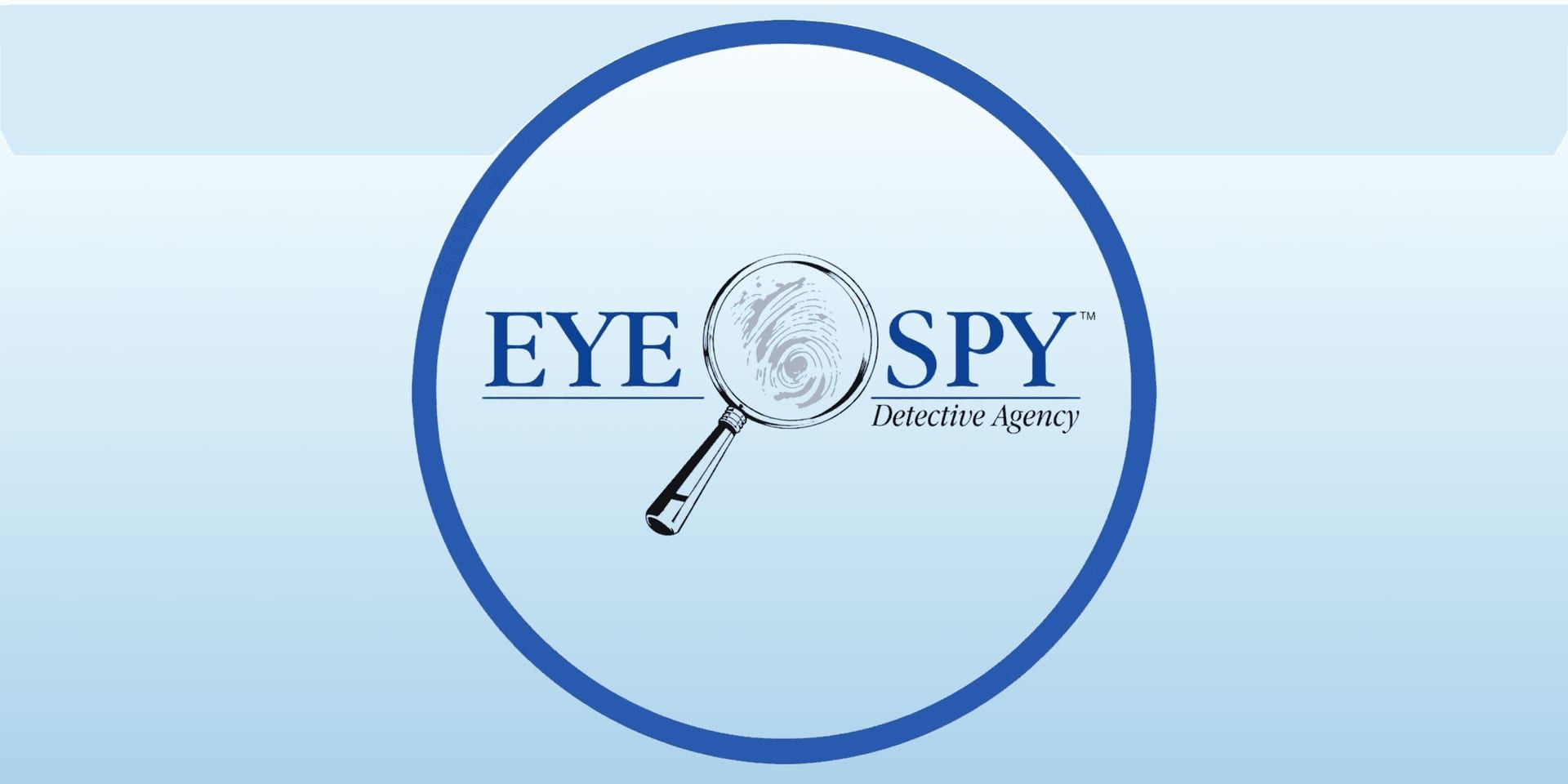 Eye Spy Investigations logo with a magnifying glass fingerprint design on a blue background.