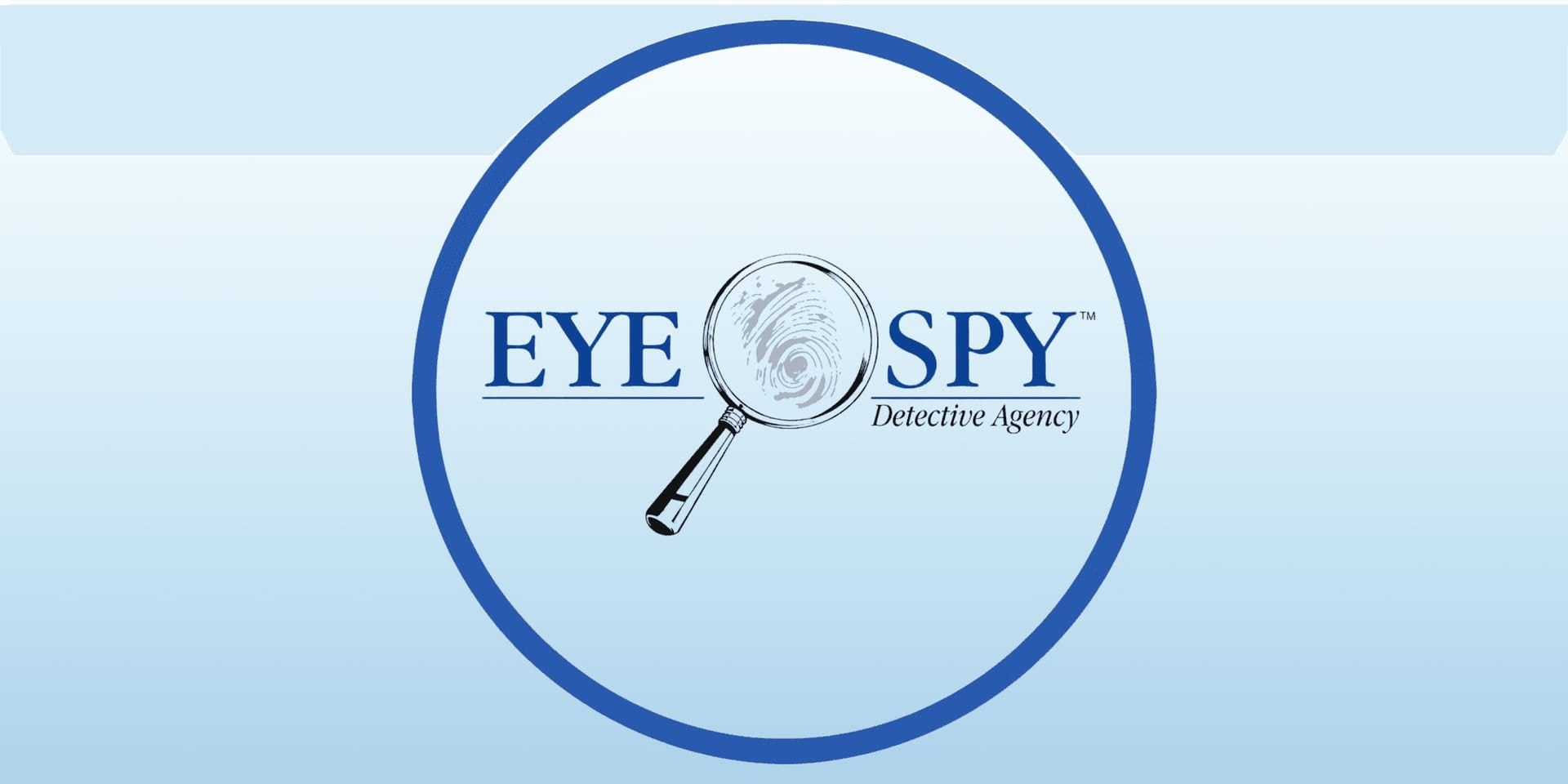 Eye Spy Investigations logo with a magnifying glass fingerprint design on a blue background.