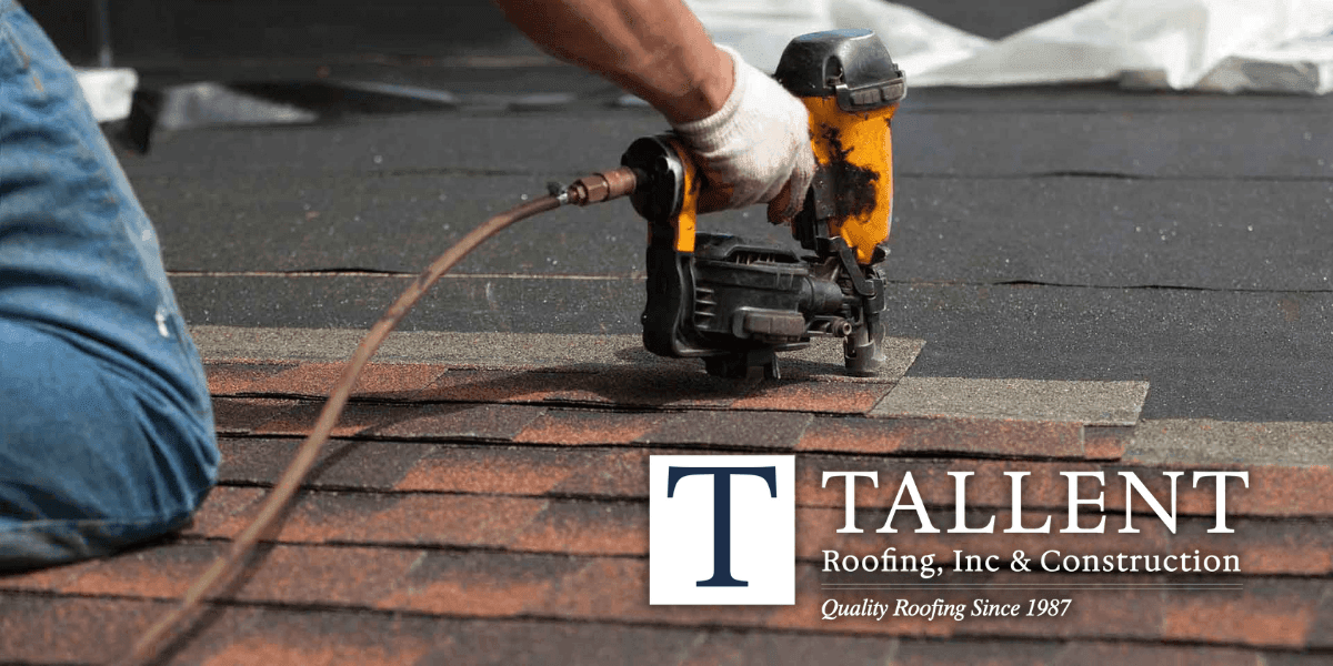Worker installing asphalt shingles using pneumatic nail gun, illustrating Tallent Roofing’s professional roof repair, replacement, and storm damage restoration services.