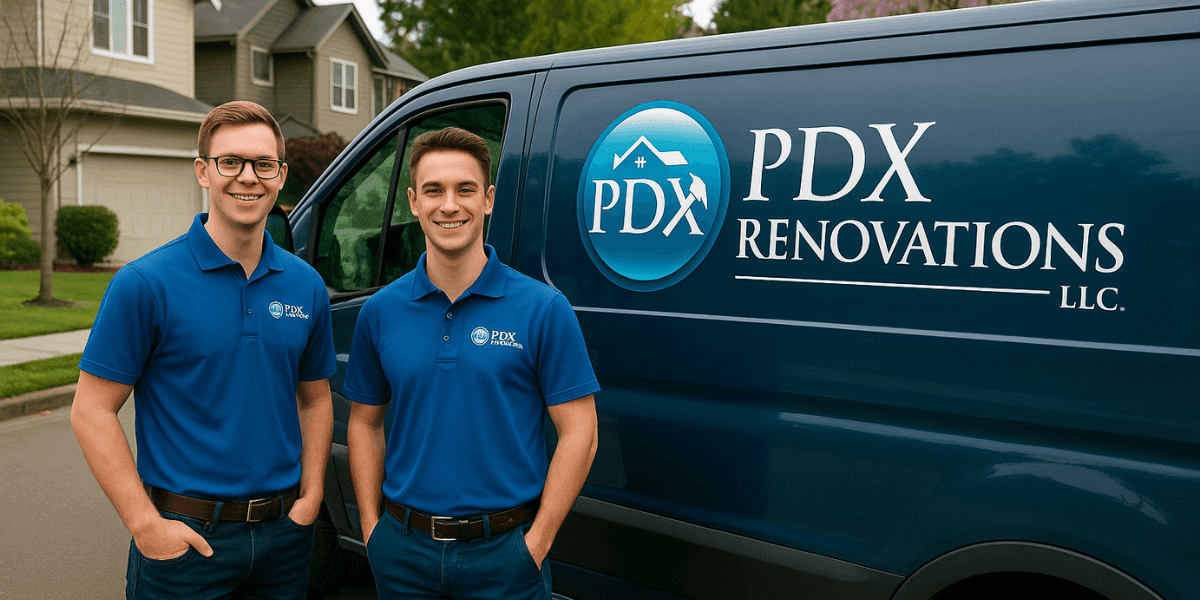 Joseph Taylor and team member pose outside a PDX Renovations van, offering hassle-free home-selling solutions in Beaverton.