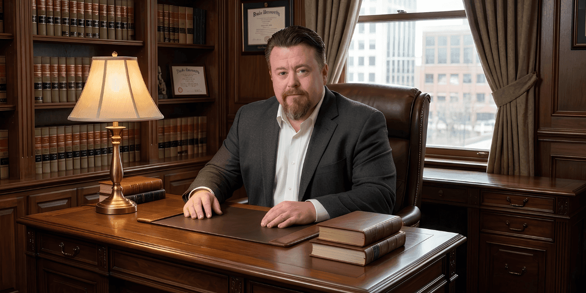 Attorney Thomas Boley seated at a desk in a law office with bookshelves and legal diplomas in the background.