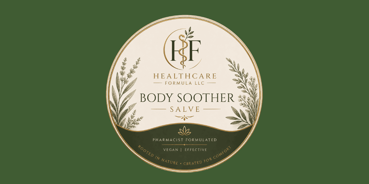 Healthcare Formula Body Soother Salve label featuring botanical illustrations on a dark green background.