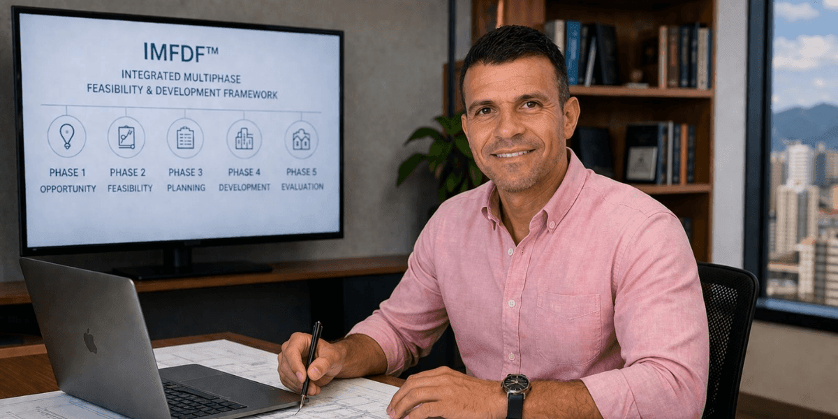 Business consultant presenting the IMFDF real estate development framework in a modern office.