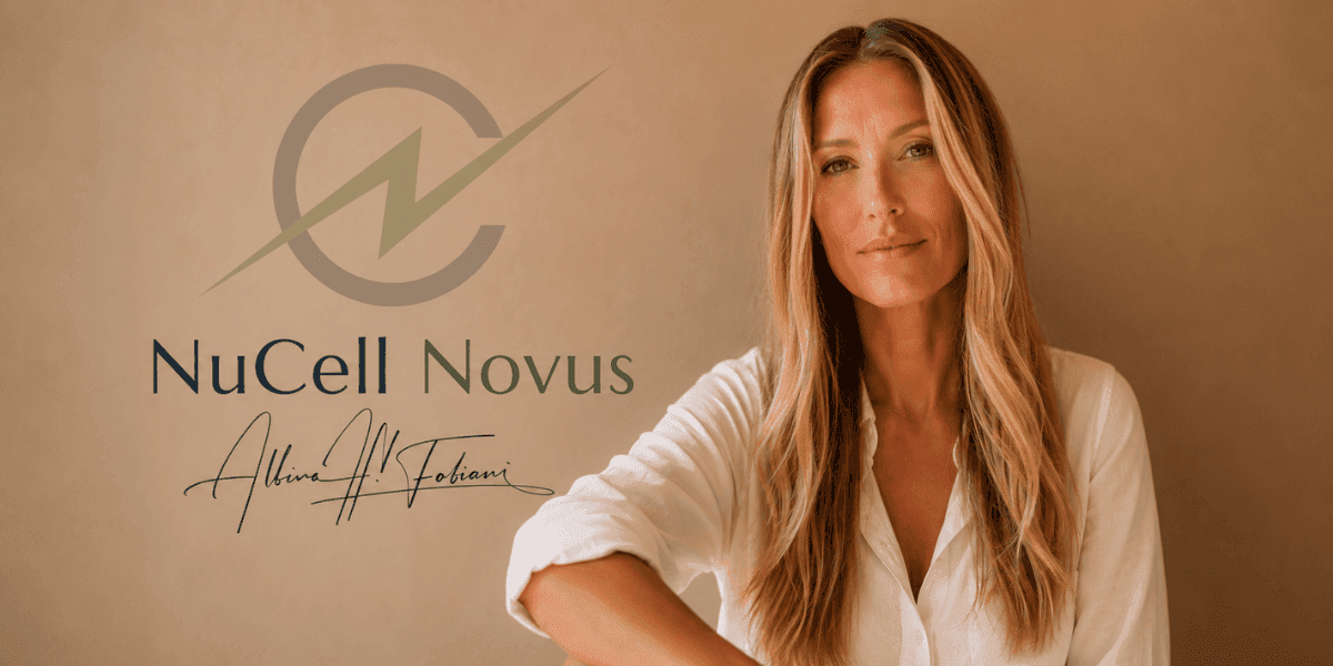 Portrait of NuCell NOVUS founder Albina Fabiani beside company logo on a warm-toned background.