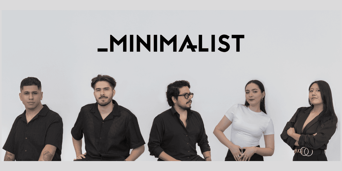 Five team members of Minimalist Agency posing confidently, reflecting a modern, minimalist aesthetic with bold branding.