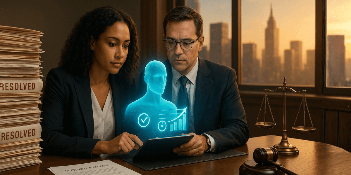 Two professionals reviewing a tablet with a digital representation of data, symbolizing efficient workflows in law firms.