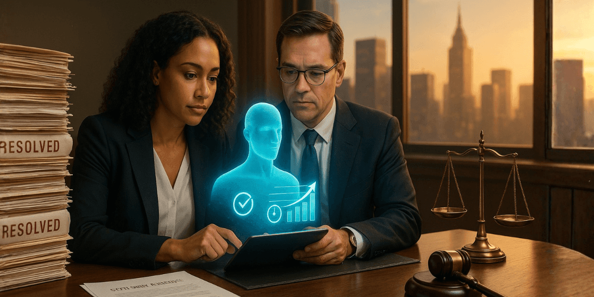 Two professionals reviewing a tablet with a digital representation of data, symbolizing efficient workflows in law firms.