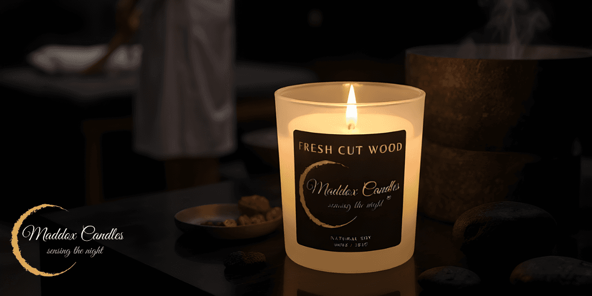 Handcrafted Maddox Candles offering fresh cut wood scent, promoting serenity and natural beauty in every flicker.