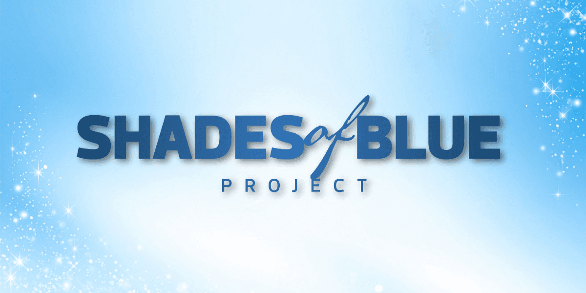 Shades of Blue Project logo on a blue gradient background with sparkling accents.