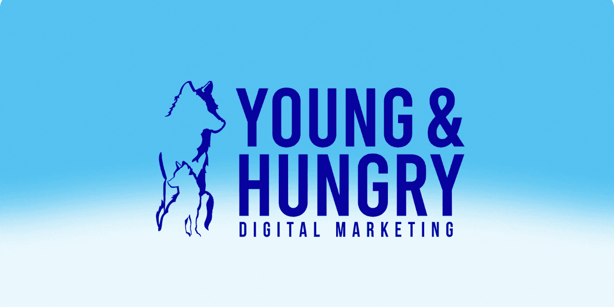 Logo of Young & Hungry Digital Marketing with a wolf silhouette and bold blue typography