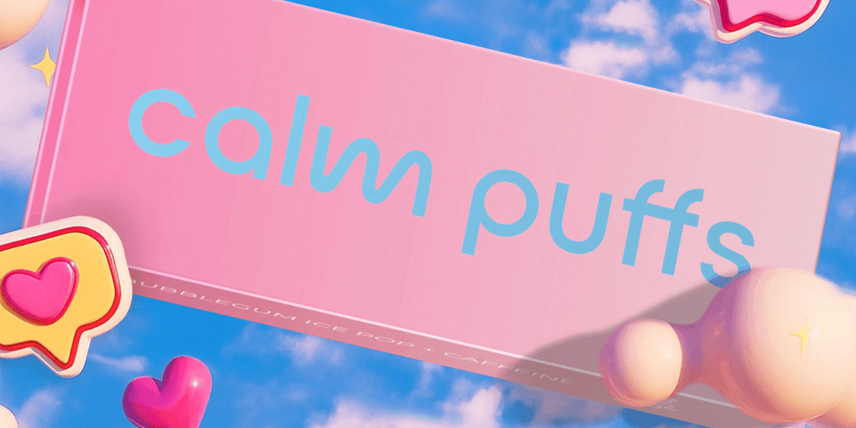 "Calm Puffs nicotine-free vape alternative with bubblegum ice pop flavor for relaxation and stress relief."