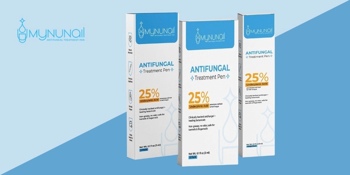 MyNuNail antifungal treatment pen packaging displayed against a blue background, highlighting natural-inspired toenail care products.