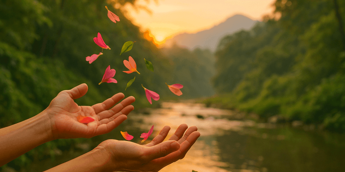 Hands gently releasing vibrant flower petals into the air, with a serene river and mountains in the background during sunset.