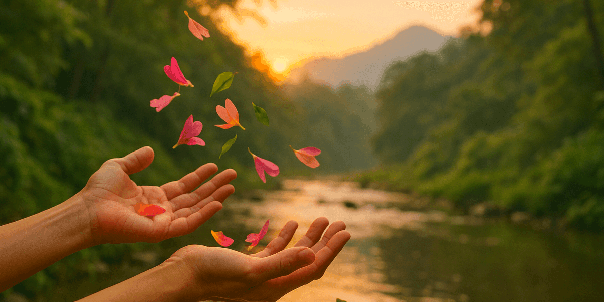Hands gently releasing vibrant flower petals into the air, with a serene river and mountains in the background during sunset.