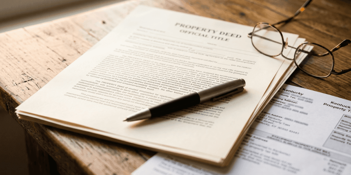 Property deed documents with pen and glasses, illustrating title issues in home sales.