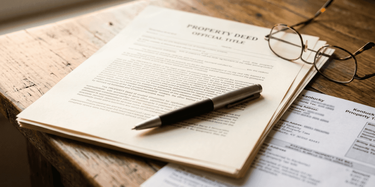 Property deed documents with pen and glasses, illustrating title issues in home sales.
