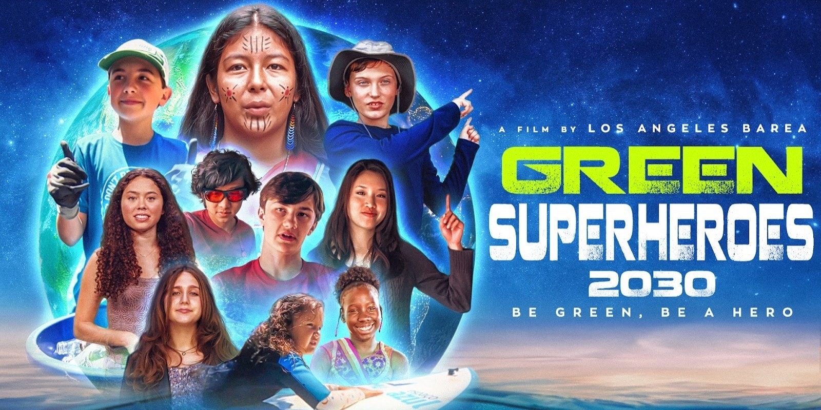 Poster of *Green SuperHeroes 2030* featuring diverse children environmentalists with Earth backdrop and film title in bold text.