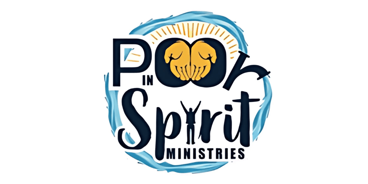 "Logo for 'Poor in Spirit Ministries' featuring two hands forming a heart, with a silhouette of a person inside and the text 'Poor in Spirit Ministries' encircled by water elements."