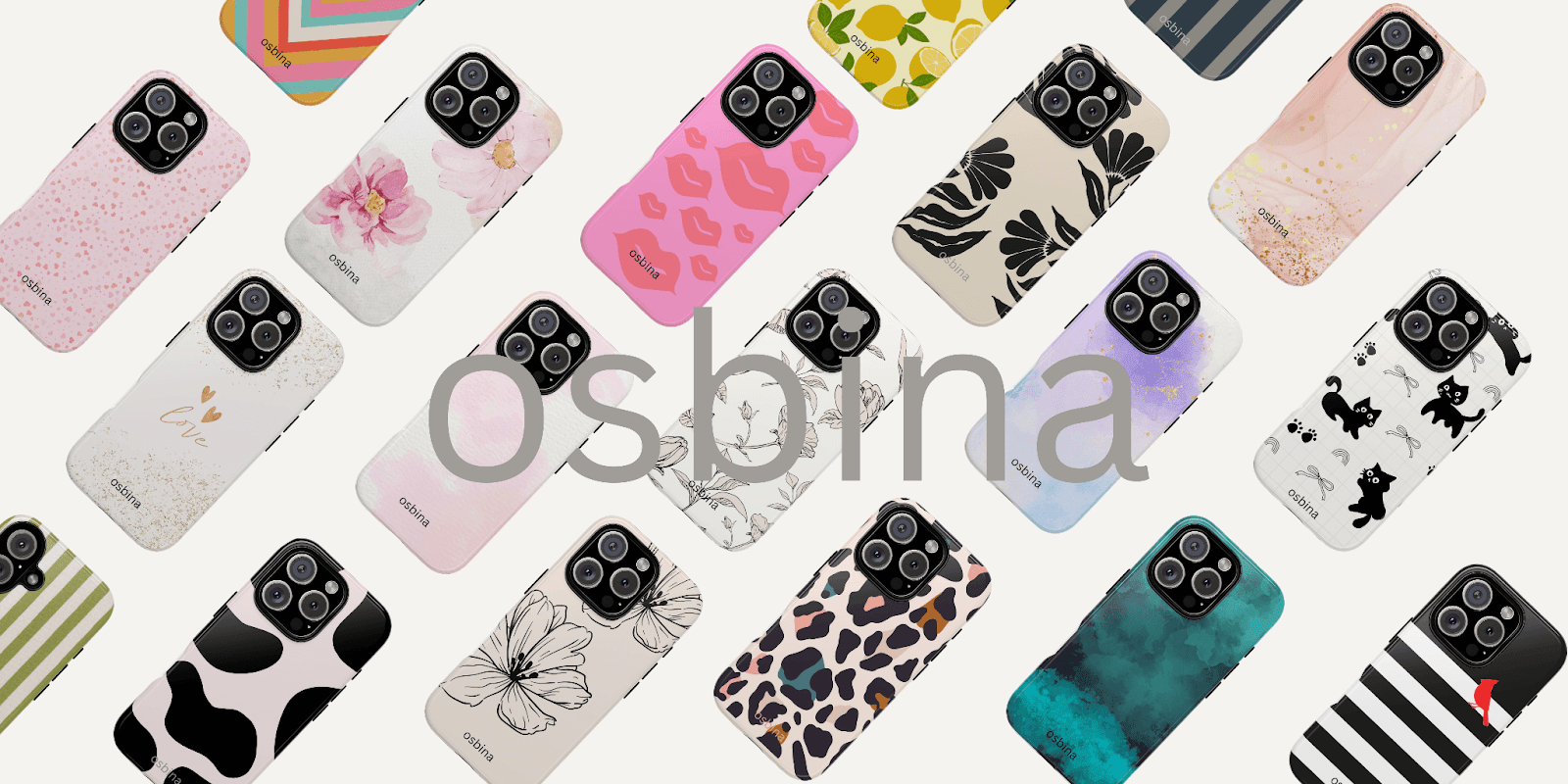 Assorted fashionable phone cases from osbina, featuring vibrant patterns, floral designs, and bold textures, embodying personal style and self-expression