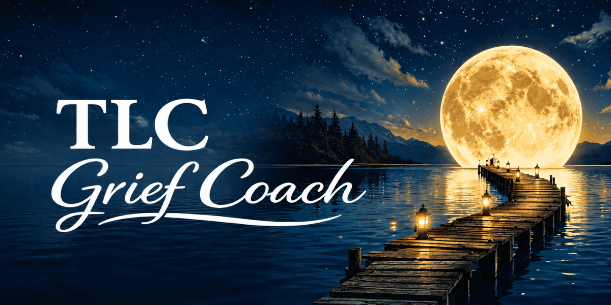 Moonlit lake with wooden dock and lanterns beside TLC Grief Coach logo.
