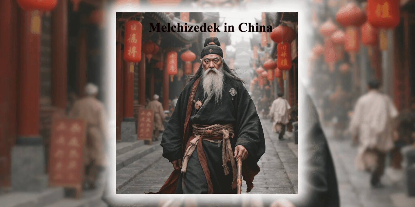 "Melchizedek in traditional attire walking through a vibrant Chinese street, surrounded by red lanterns and ancient architecture, representing wisdom and leadership in China."