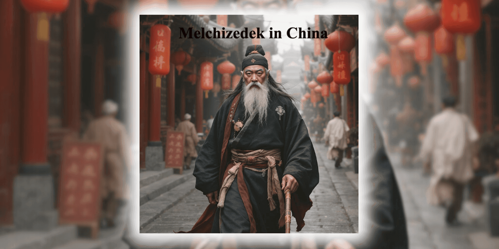"Melchizedek in traditional attire walking through a vibrant Chinese street, surrounded by red lanterns and ancient architecture, representing wisdom and leadership in China."