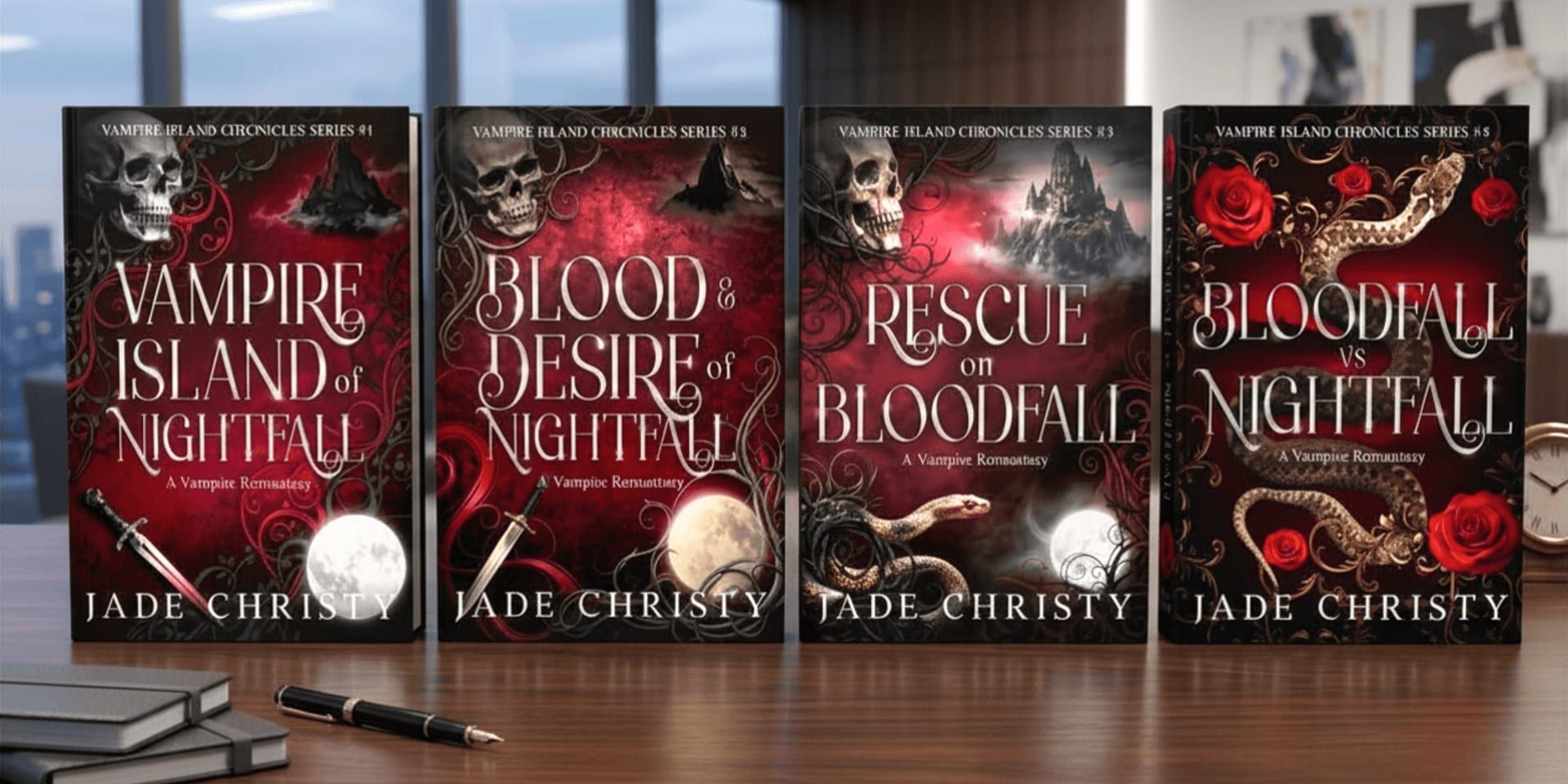 Cover of "The Vampire Island Series" by Jade Christy, featuring dark, atmospheric imagery and elements of romance and mystery.