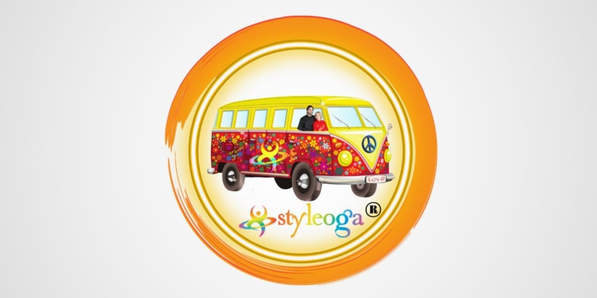 Colorful psychedelic van with peace symbol, representing Styleoga's vibrant and transformative yoga journey