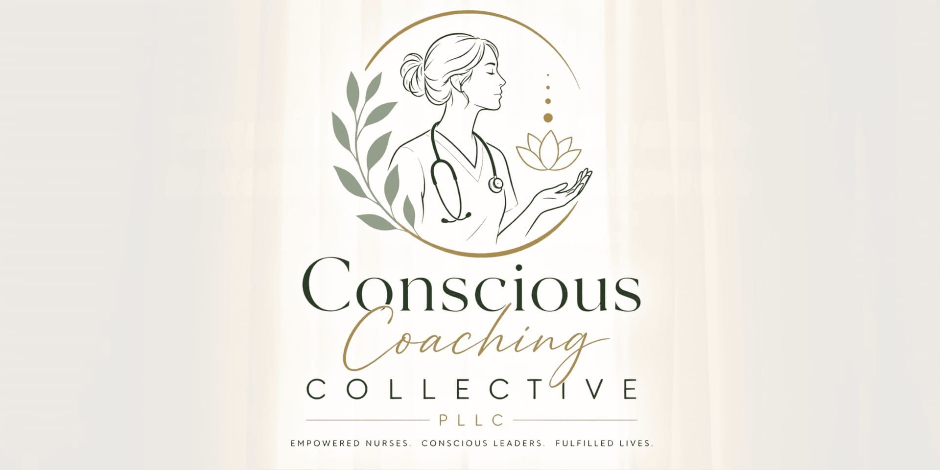 Logo for Conscious Coaching Collective PLLC featuring a nurse illustration, leaves, lotus flower, and wellness-focused branding.