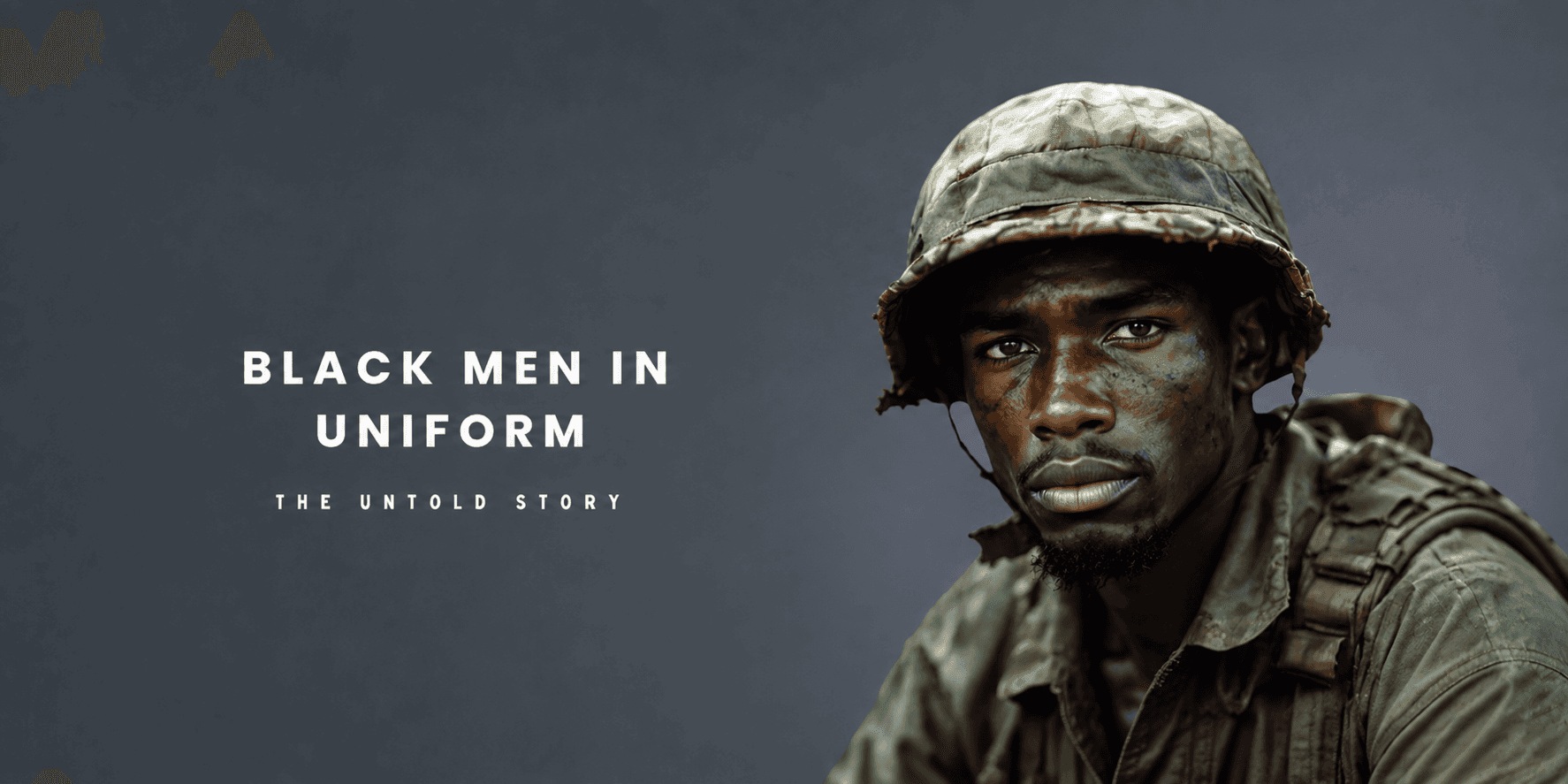 Black soldier in military uniform and helmet beside the title "Black Men in Uniform: The Untold Story."