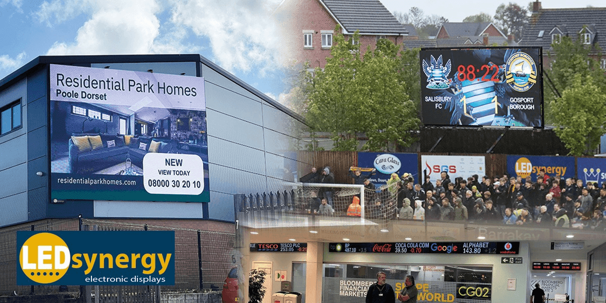 Composite image showcasing various LED displays: a residential ad on a building, a sports scoreboard, and a financial ticker. Crowds and signage add context.