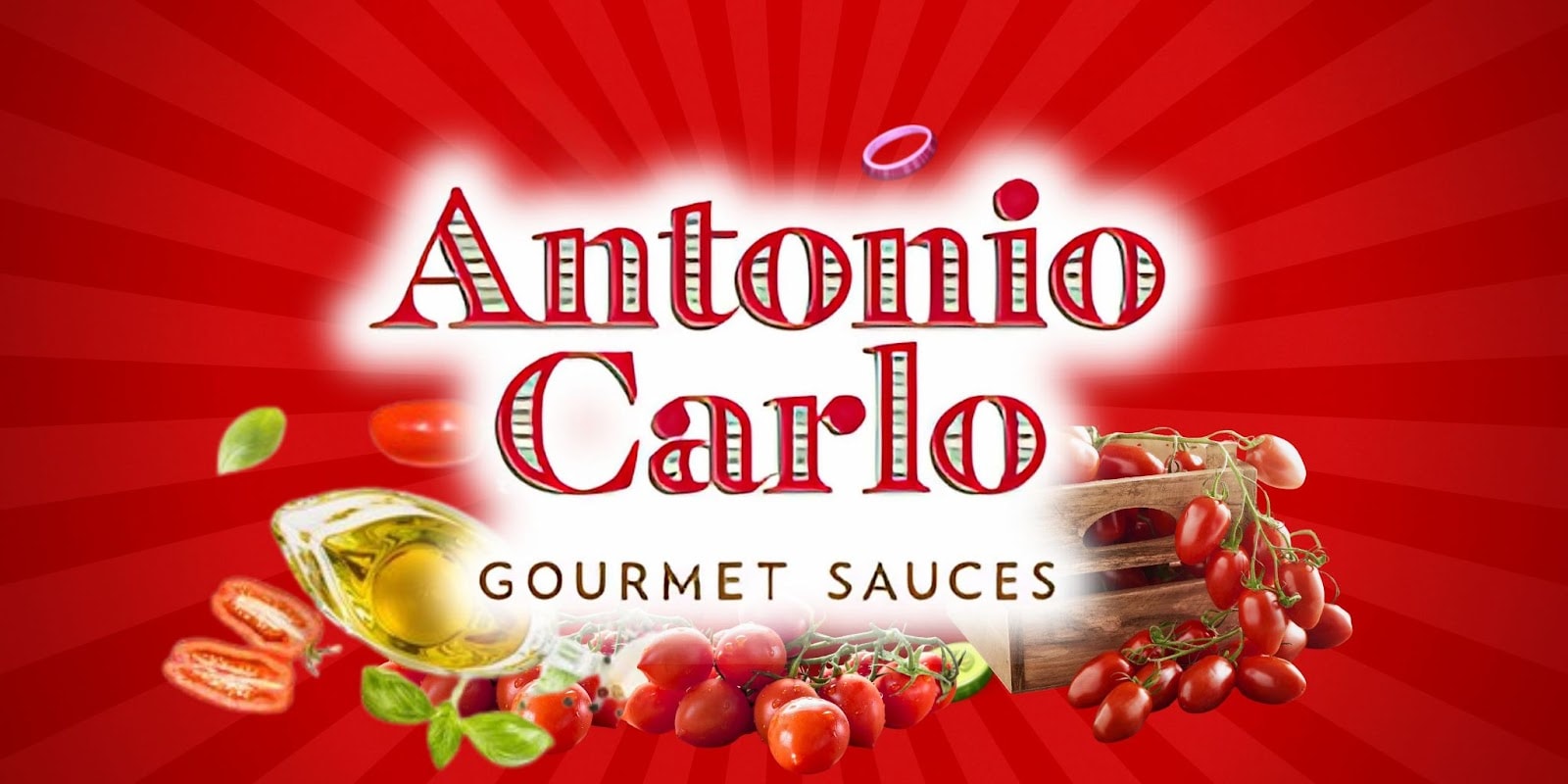 Antonio Carlo gourmet sauces logo with fresh tomatoes, basil, and olive oil ingredients on a red burst background, emphasizing high-quality ingredients.
